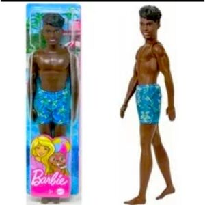BARBIE KEN BEACH DOLL WITH DARK HAIR AND COLORFUL TROPICAL SWIM TRUNKS NWT
